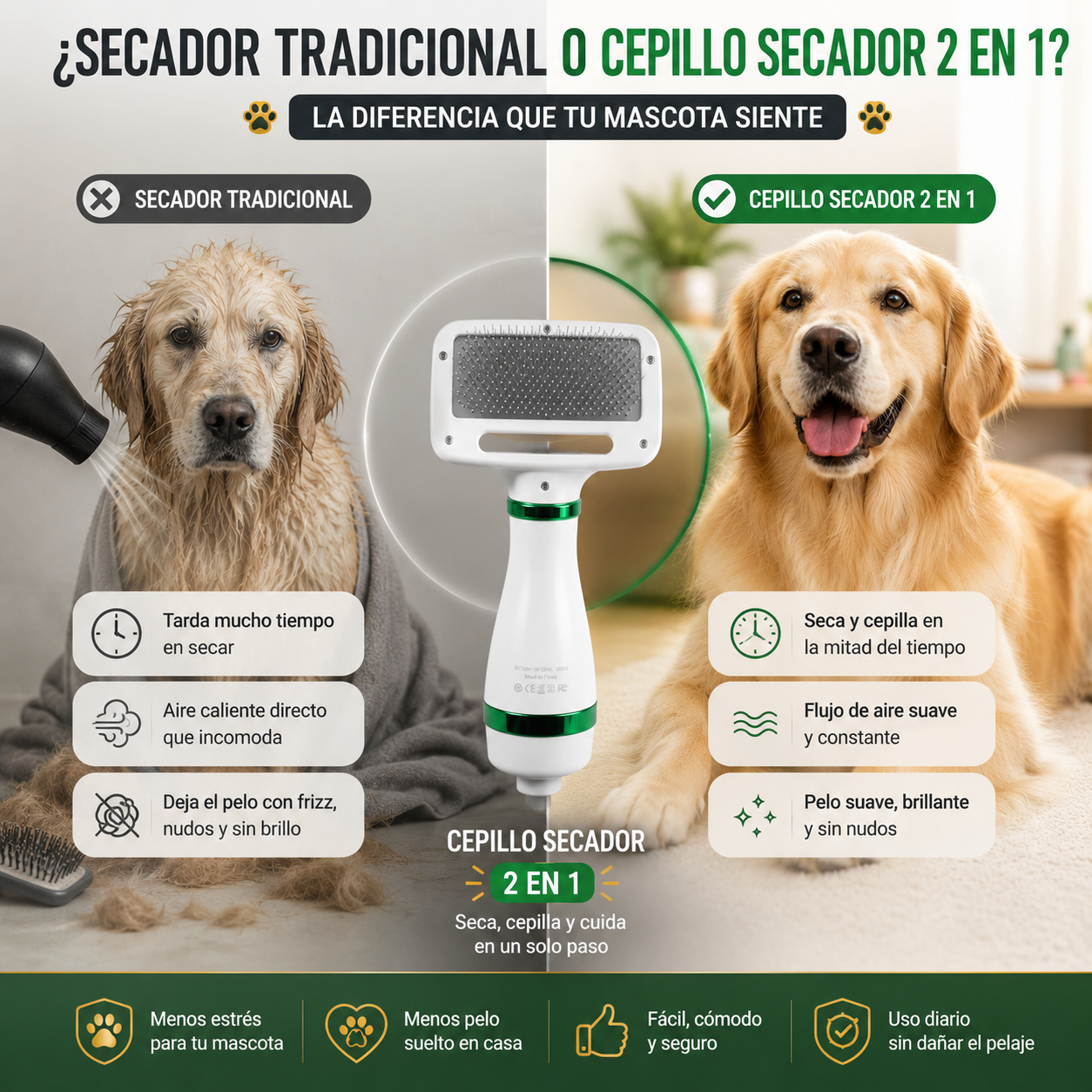 Cepillo Secador 2 En 1 Para Mascotas 🐕